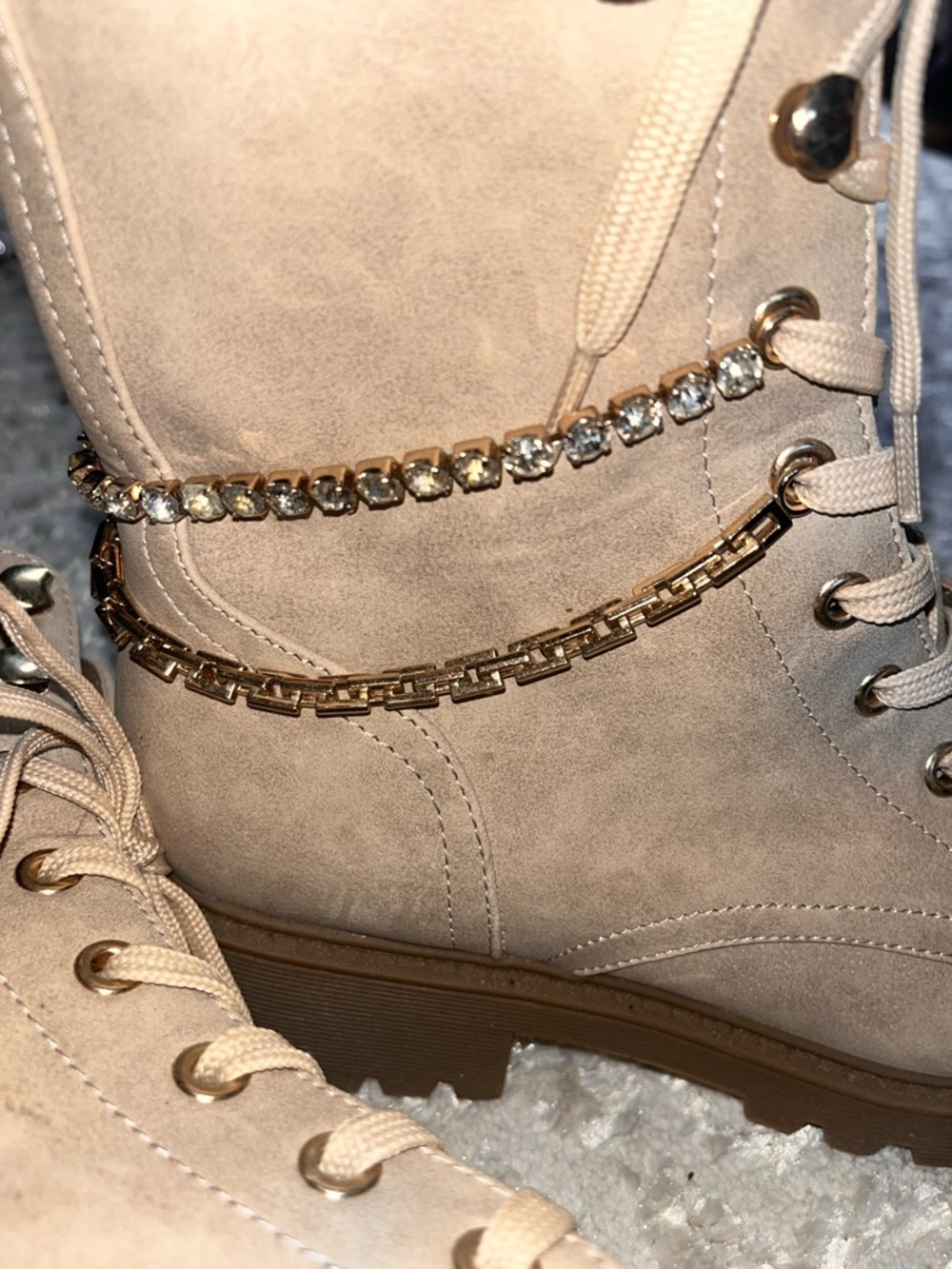 C Taupe Lace-Up Combat Boots with Chain & Rhinestone Accent - Picture 2 of 6